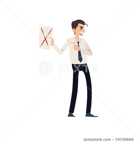 An angry agressive man, office worker and employee swears and shouts, points to a document. 54590666