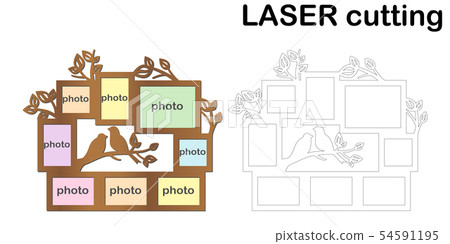 Frame for photos with birds and leaves for laser cutting. Collage of photo frames. Template laser Frame for photos with birds and leaves for laser cutting. Collage of photo frames. Template laser 54591195