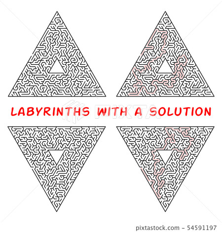 Set of triangular labyrinths. Maze isolated on a white background. Solution is made in red dotted 54591197