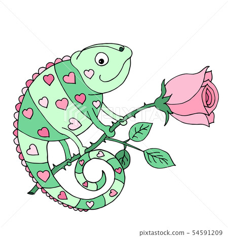 A colorful chameleon with hearts on the skin sits on a rose. 54591209