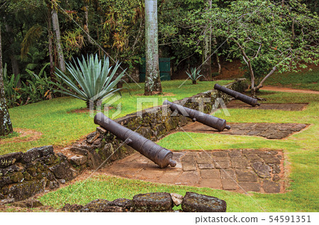 Fortress and cannons amid tropical landscape Fortress and cannons amid tropical landscape 54591351