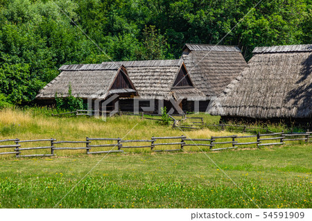 Open-air museum in Chorzow. Wooden cottage in heri Open-air museum in Chorzow. Wooden cottage in heri 54591909