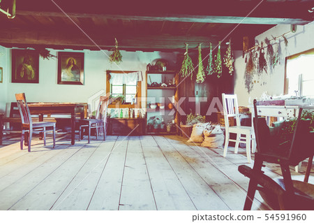 Open-air museum in Chorzow. Interior of wooden cot 54591960
