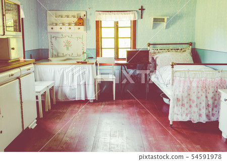 Open-air museum in Chorzow. Interior of wooden cot 54591978