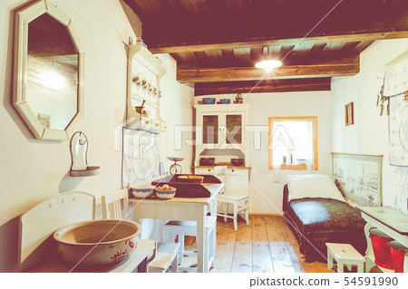 Open-air museum in Chorzow. Interior of wooden cot 54591990