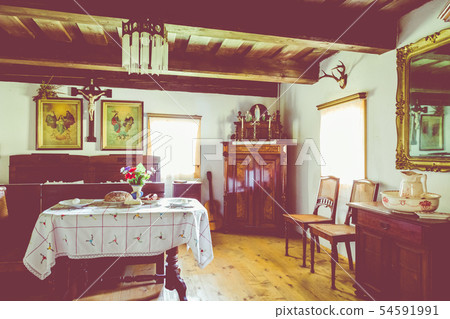 Open-air museum in Chorzow. Interior of wooden cot 54591991
