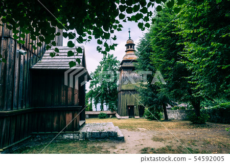 Wooden gothic church in heritage park. Open-air mu 54592005
