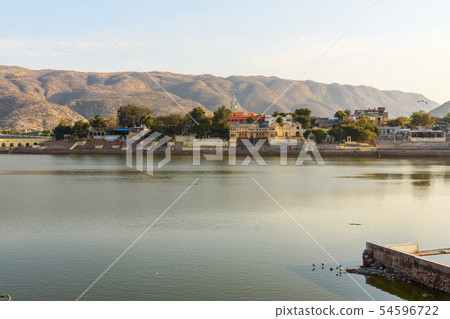 Ghats and bridge at Pushkar lake in Rajasthan. 54596722