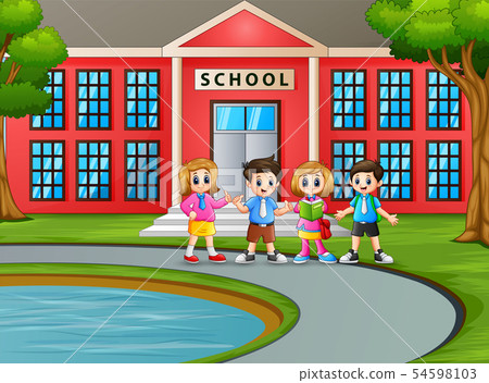 Happy student in front the school building - Stock Image - Everypixel