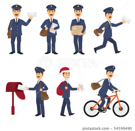 Postman mailman delivers mails in postbox or mailbox and post character carries mailed letters in 54599490