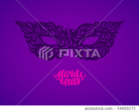 Mardi Gras lettering like red lips with carnival mask 54600275