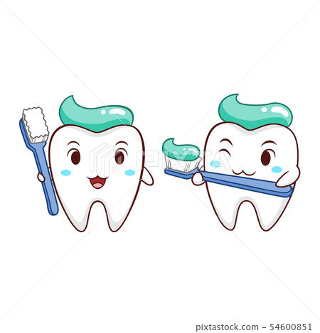 Cartoon Illustration of tooth holding toothbrush. 54600851