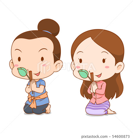 Thai couple praying with incense sticks and lotus. Thai couple praying with incense sticks and lotus. 54600873