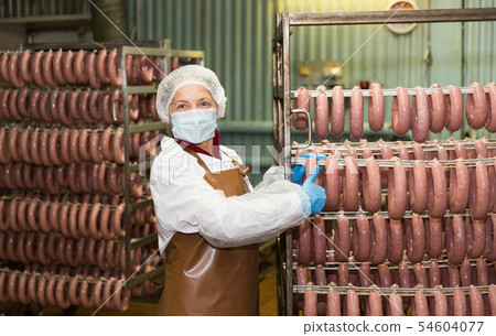 Workwoman carrying sausage trolley Workwoman carrying sausage trolley 54604077