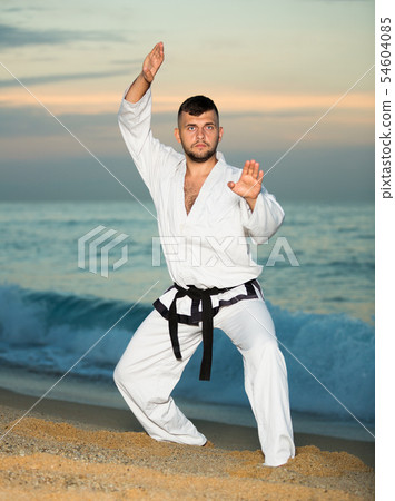 Cheerful man doing karate at ocean quay Cheerful man doing karate at ocean quay 54604085