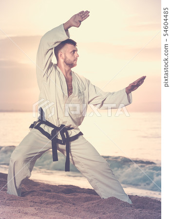 Cheerful guy practising karate kata poses 54604485