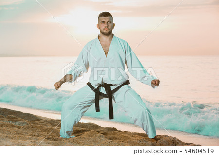 Guy doing karate poses at sunset sea shore Guy doing karate poses at sunset sea shore 54604519