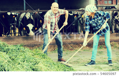 Farm employees with pitchforks near barn Farm employees with pitchforks near barn 54605097