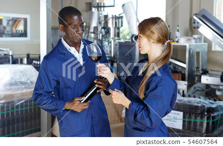 Winemakers checking wine in glass Winemakers checking wine in glass 54607564