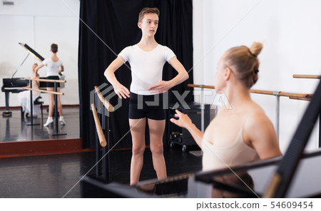 Female choreographer teaches young dancer in ballet studio Female choreographer teaches young dancer in ballet studio 54609454
