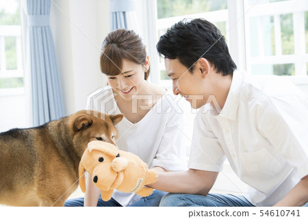 Married couple playing with a dog Married couple playing with a dog 54610741
