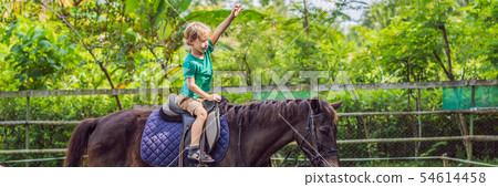 Boy horseback riding, performing exercises on horseback BANNER, LONG FORMAT Boy horseback riding, performing exercises on horseback BANNER, LONG FORMAT 54614458