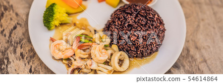 Brown rice, seafood, vegetables. Healthy meal for lunch BANNER, LONG FORMAT Brown rice, seafood, vegetables. Healthy meal for lunch BANNER, LONG FORMAT 54614864
