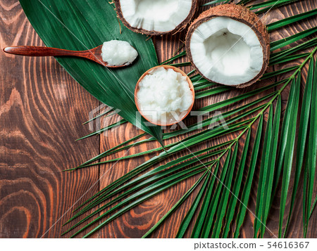 Liquid coconut MCT oil top view copy space Liquid coconut MCT oil top view copy space 54616367