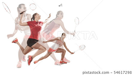 Young women playing badminton on white background Young women playing badminton on white background 54617298