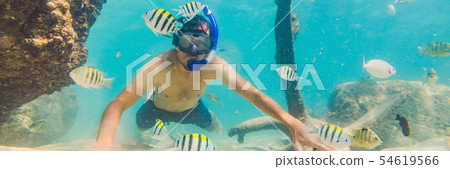 young men snorkeling exploring underwater coral reef landscape background in the deep blue ocean 54619566