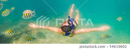Happy young woman swimming underwater in the tropical ocean BANNER, LONG FORMAT 54619602