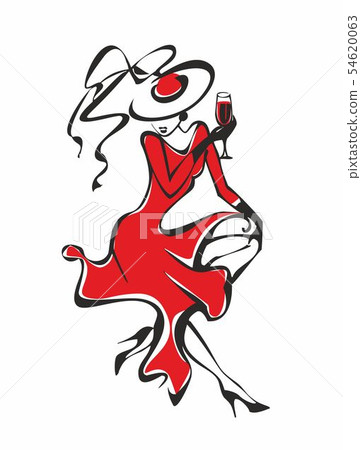 Girl in a red dress dancing and drinking 54620063