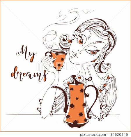 Girl drinking tea. Girl dreams of. My dream. Girl drinking tea. Girl dreams of. My dream. 54620346