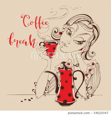 Girl drinking coffee. Coffee break inscription. Girl drinking coffee. Coffee break inscription. 54620347