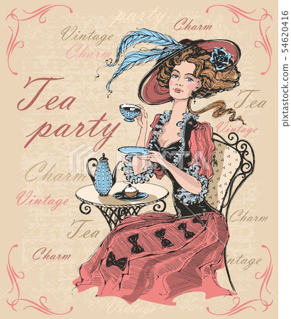 Vintage lady in a hat drinking tea. Lady in Vintage lady in a hat drinking tea. Lady in 54620416