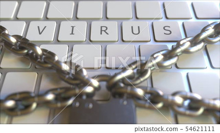 VIRUS text on the keys of a keyboard with padlock and chains. Restriction related conceptual 3D VIRUS text on the keys of a keyboard with padlock and chains. Restriction related conceptual 3D 54621111