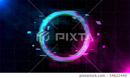Retrowave Glitch Circle with sparkling and blue and purple glows with smoke. Retrowave Glitch Circle with sparkling and blue and purple glows with smoke. 54622440