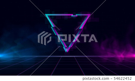 Retrowave background with sparkling glitched triangle and blue and purple glows with smoke. Retrowave background with sparkling glitched triangle and blue and purple glows with smoke. 54622452