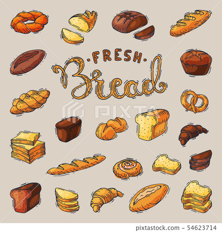 Bakery breadstuff baking bread loaf or baguette baked by baker in bakehouse set illustration 54623714
