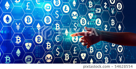 Cryptocurrency with hand pressing a button Cryptocurrency with hand pressing a button 54628554