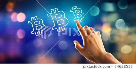 Bitcoin theme with hand pressing a button Bitcoin theme with hand pressing a button 54628555