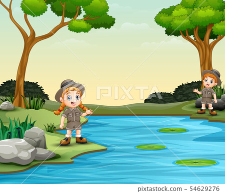 Scout boy and girl talking by the river Scout boy and girl talking by the river 54629276