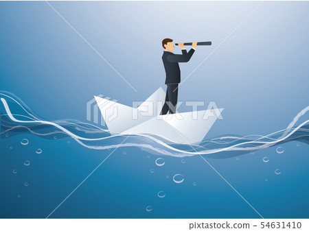 businessman looks through a telescope paper boat businessman looks through a telescope paper boat 54631410