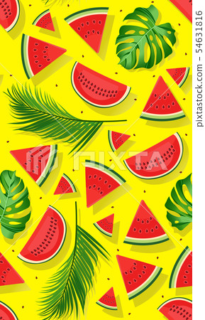 Seamless pattern watermelons with tropical leaf, 54631816