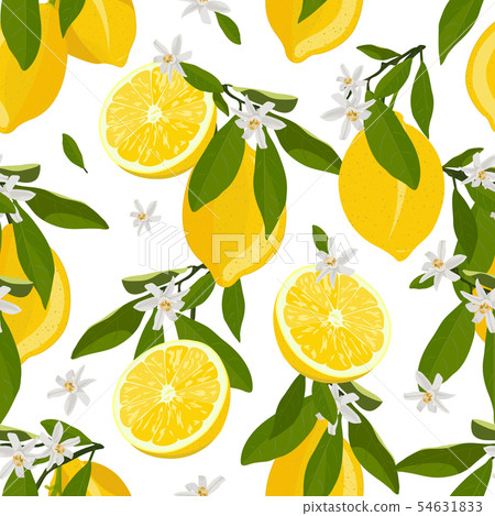 Lemon fruits seamless pattern with flowers and 54631833