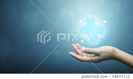 Hand holding plus sign virtual means to offer Hand holding plus sign virtual means to offer 54633112