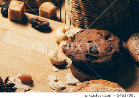 Closeup view of round crunchy cookies with nuts 54637095