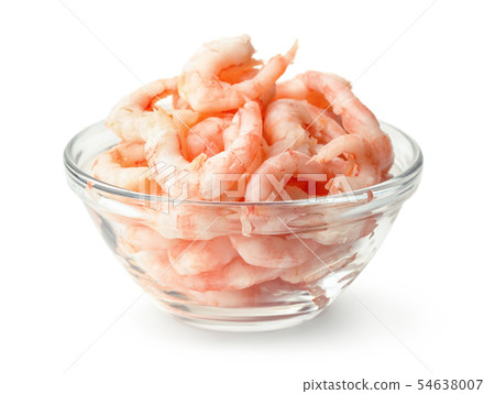 Glass bowl of boiled peeled shrimps 54638007