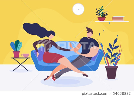 Couple in Love or Wife and Husband Sit on Sofa Couple in Love or Wife and Husband Sit on Sofa 54638882