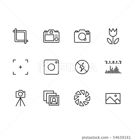 Photography and photo camera, video filming icon simple symbols set. Photo camera settings, shutter Photography and photo camera, video filming icon simple symbols set. Photo camera settings, shutter 54639181